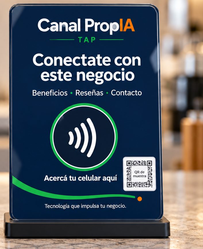 Cartel Canal PropIA TAP en azul marino sobre un mostrador
